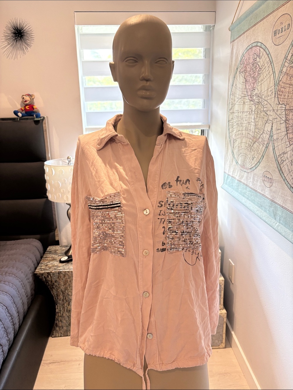 Light Pink Sequin Pocket Button-Down Shirt